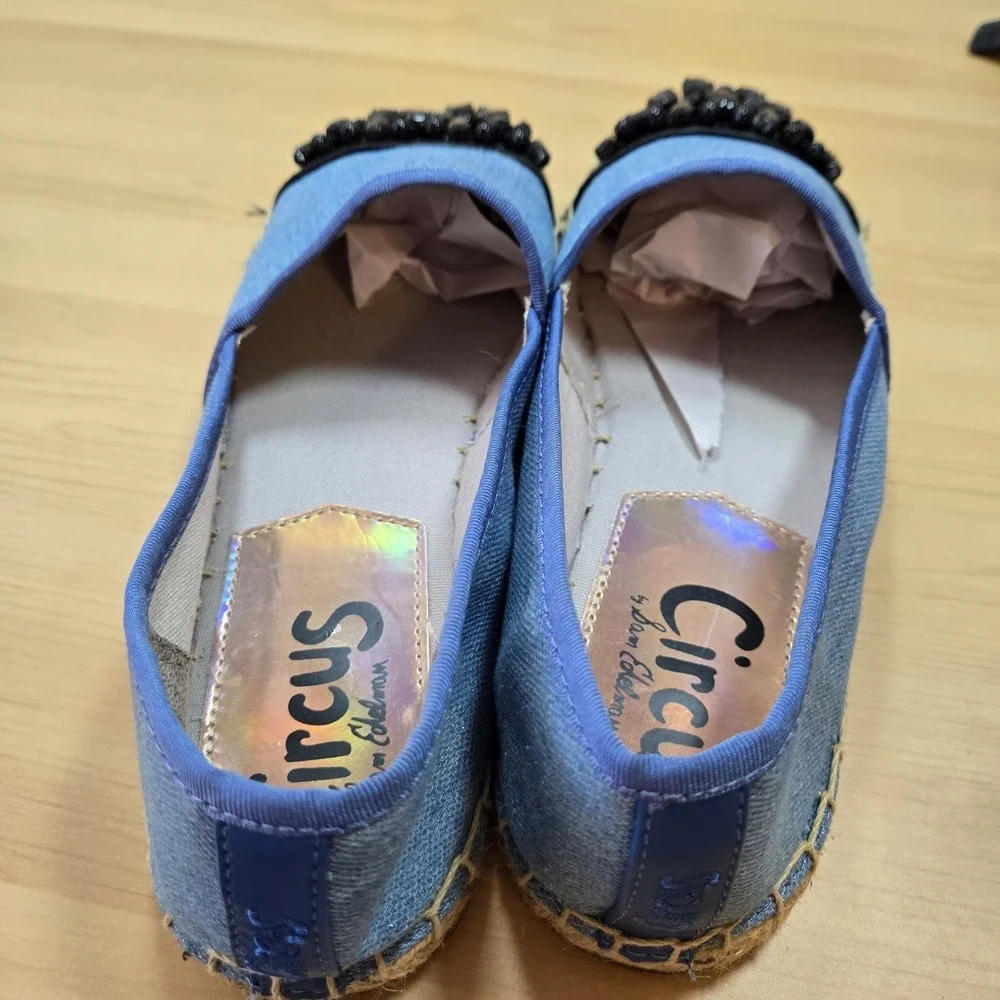 Circus by Sam Edelman Blue Espadrille Flats Black Beaded Toe Women's Size 8